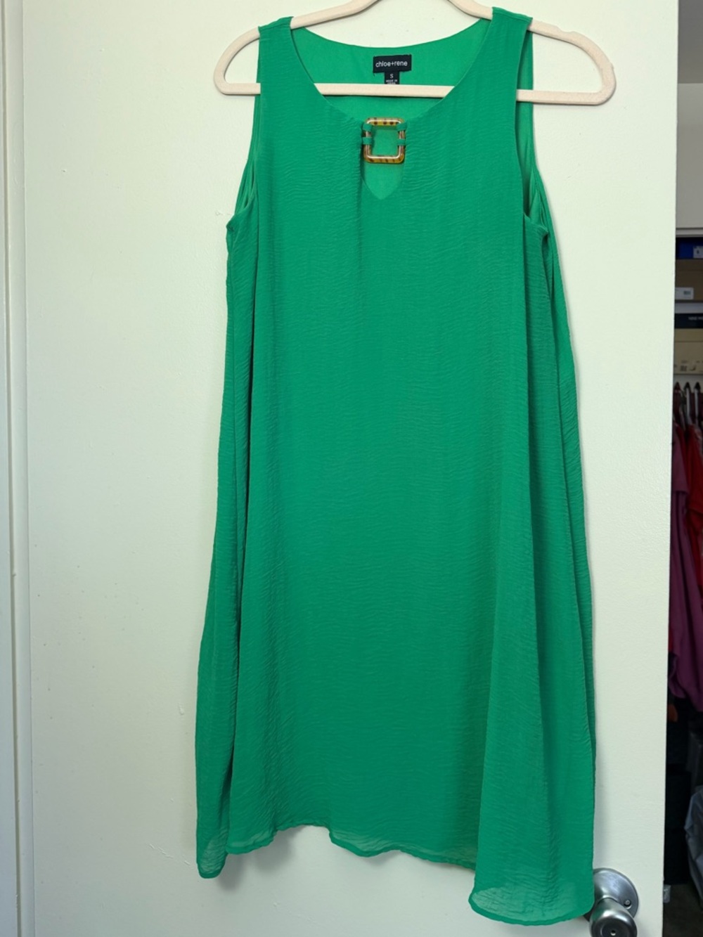 Chico's emerald green sleeveless mini dress with tortoiseshell buckle